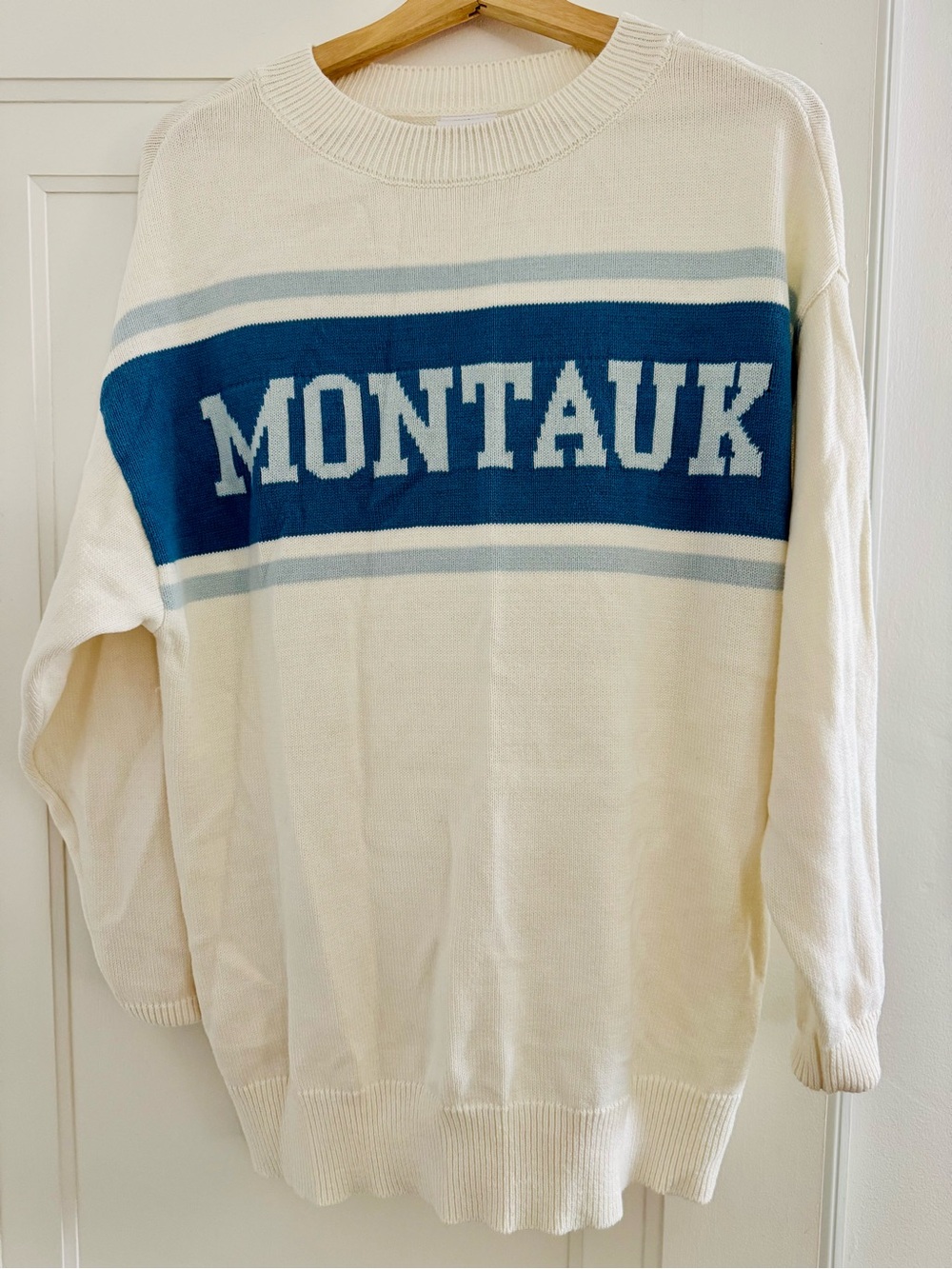 Montauk Crewneck Sweater in Cream with Blue Stripe